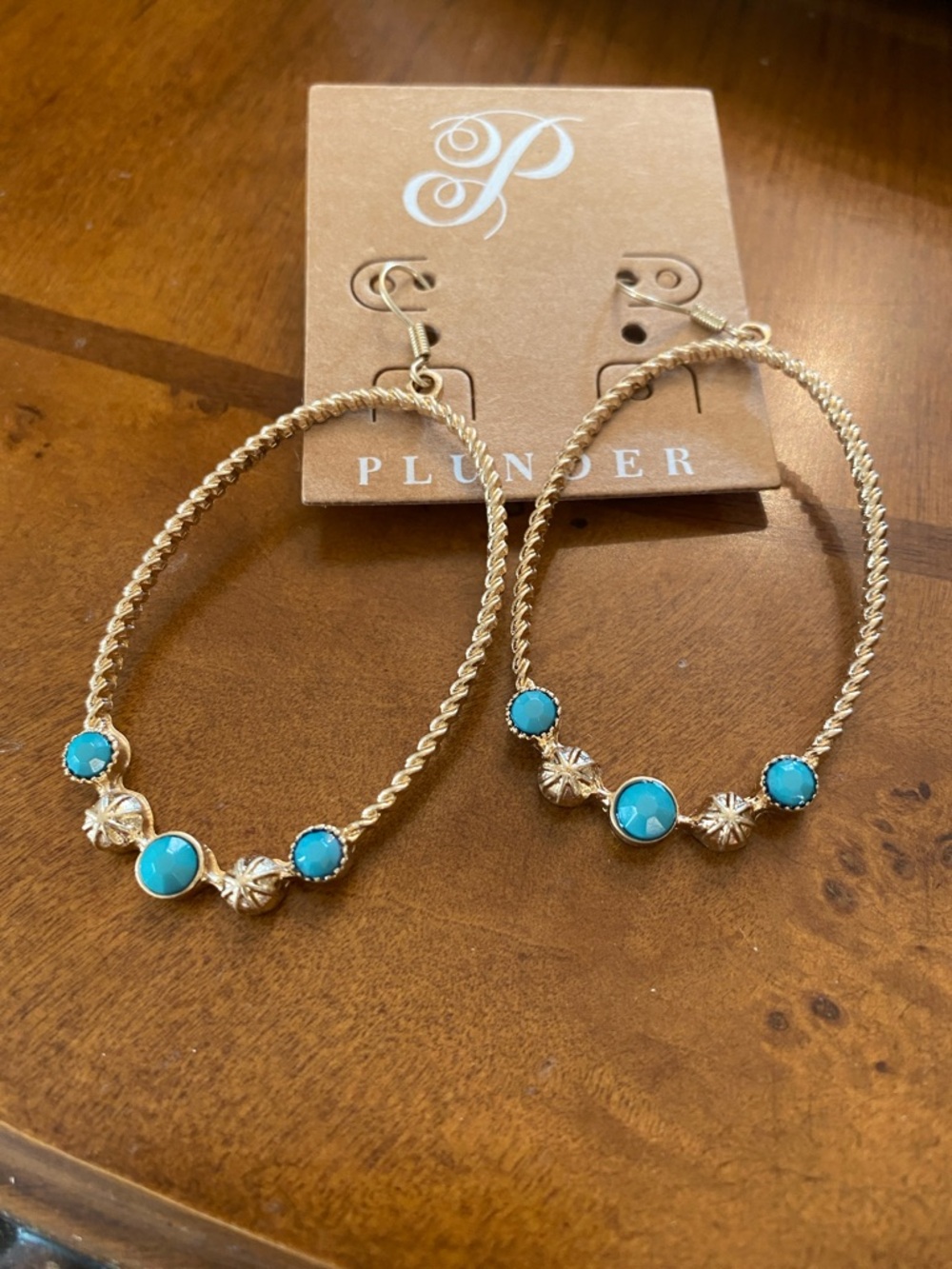 Plunder Gold-Tone Twisted Hoop Earrings with Turquoise Accents